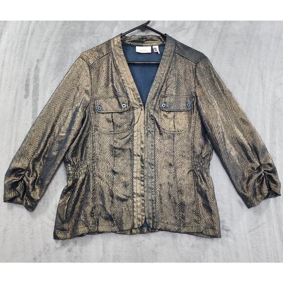Chicos Metallic Snakeskin V-Neck Blouse Size 1 M/8 Gold Hook & Eye Smocked Waist - Picture 1 of 9